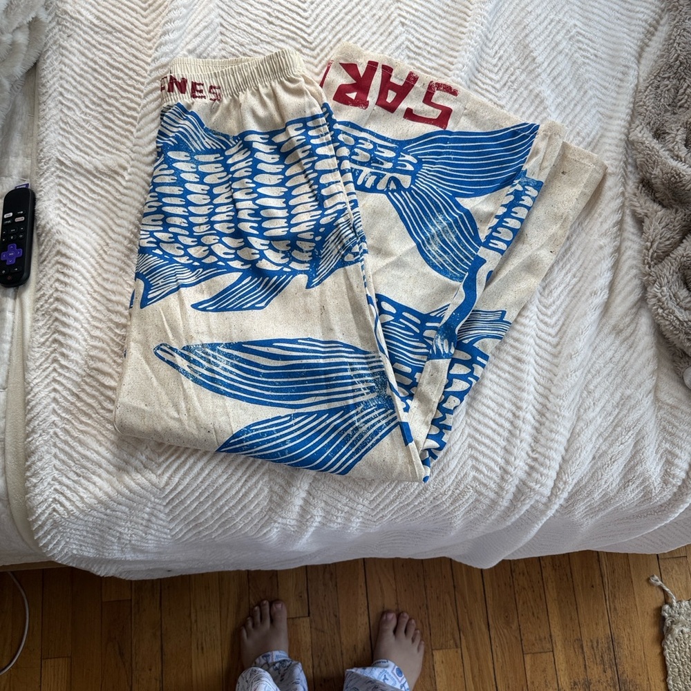 Wide Leg Cream Pants with Blue Fish Print - Picture 3 of 3